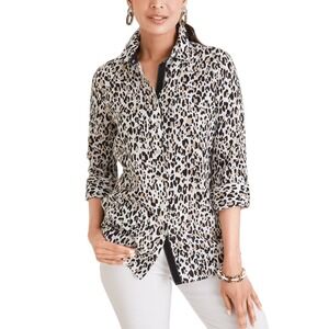 Chico's Shirt Womens 3 / XL Leopard Linen Button Up 3/4 Sleeve Mob Wife Safari